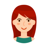 A drawing of a woman's face with straight dark red hair. There's also a small amount of a green sleeveless shirt visible.